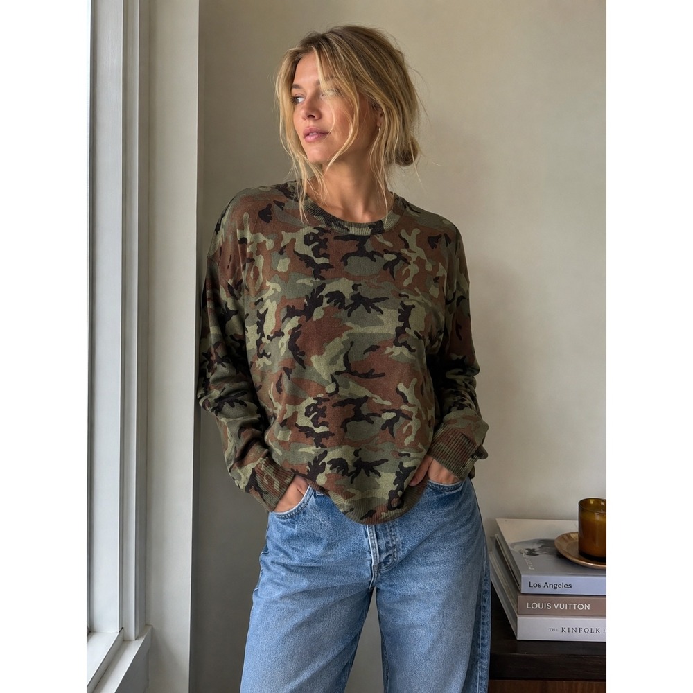 Equipment Femme 100% Cashmere Relaxed Fit Sweater Camo Camouflage Print L Luxury